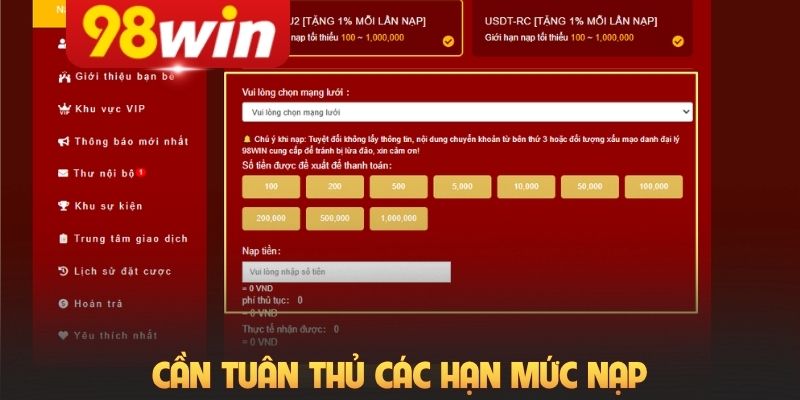 Cần tuân thủ các hạn mức nạp